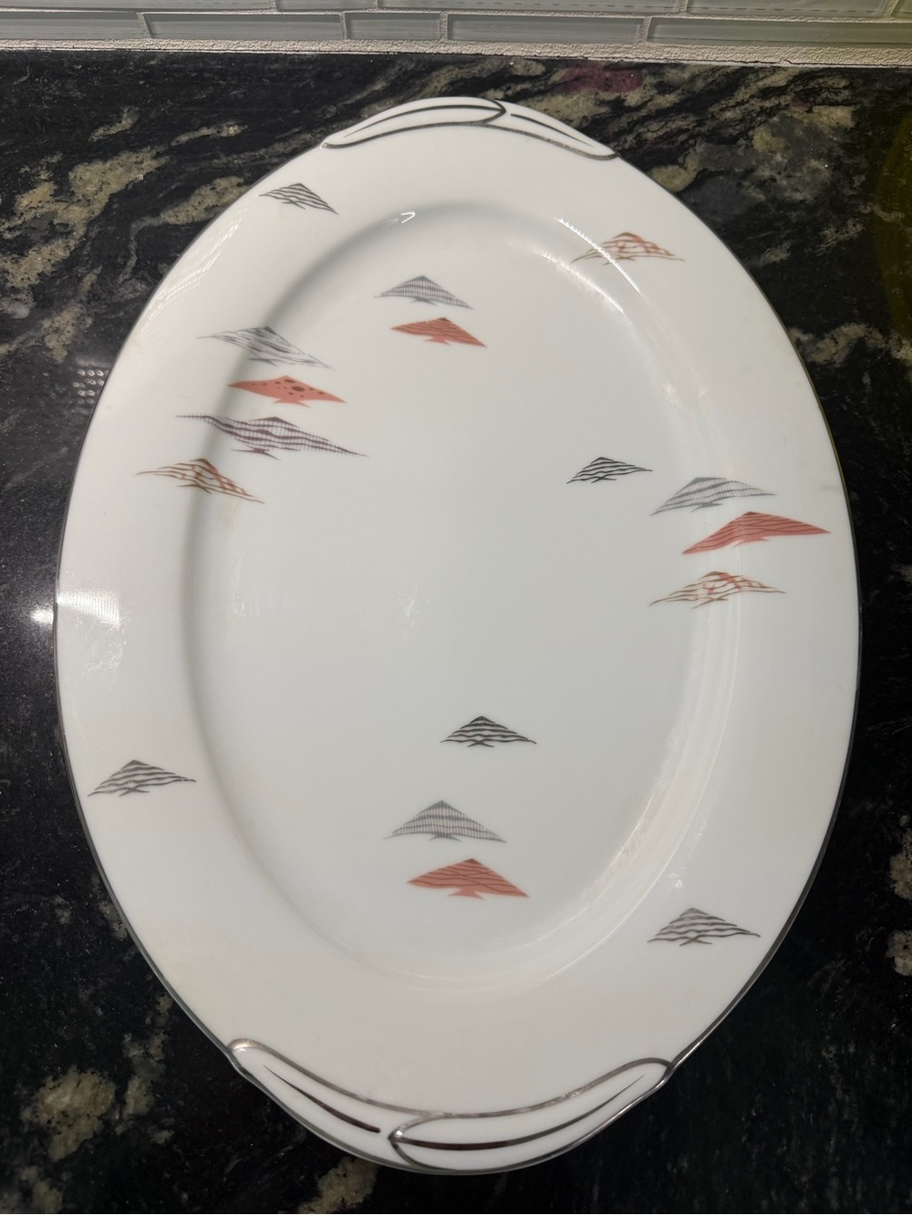 Noritake White China Huge Platter Dish Tropical Pattern Silver Trim Like new